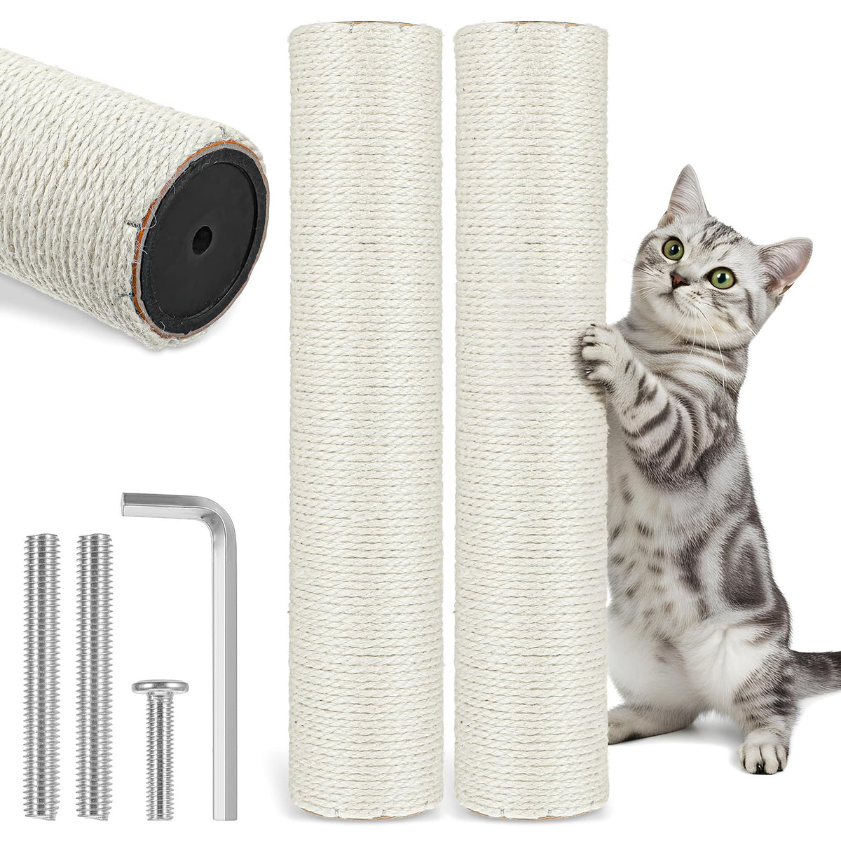2 Pcs Cat Scratching Post Replacement, 15.7 x 3 Inch Sisal Pole Cat Tree Replacement Post with M8 Screws, Refill Scratcher Posts for Indoor Kitten Tree Tower Spare Cats Furniture Protector