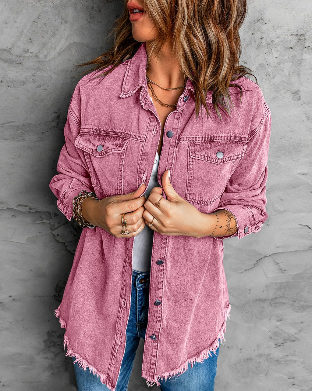 Vetinee Oversized Jean Jacket For Women Lilac Rose Front Button Up Frayed Raw Hem Long Sleeve Pockets Denim Shacket Large Size 12 14