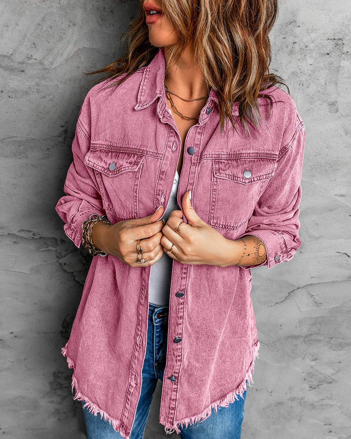 Vetinee Oversized Jean Jacket For Women Lilac Rose Front Button Up Frayed Raw Hem Long Sleeve Pockets Denim Shacket Large Size 12 14