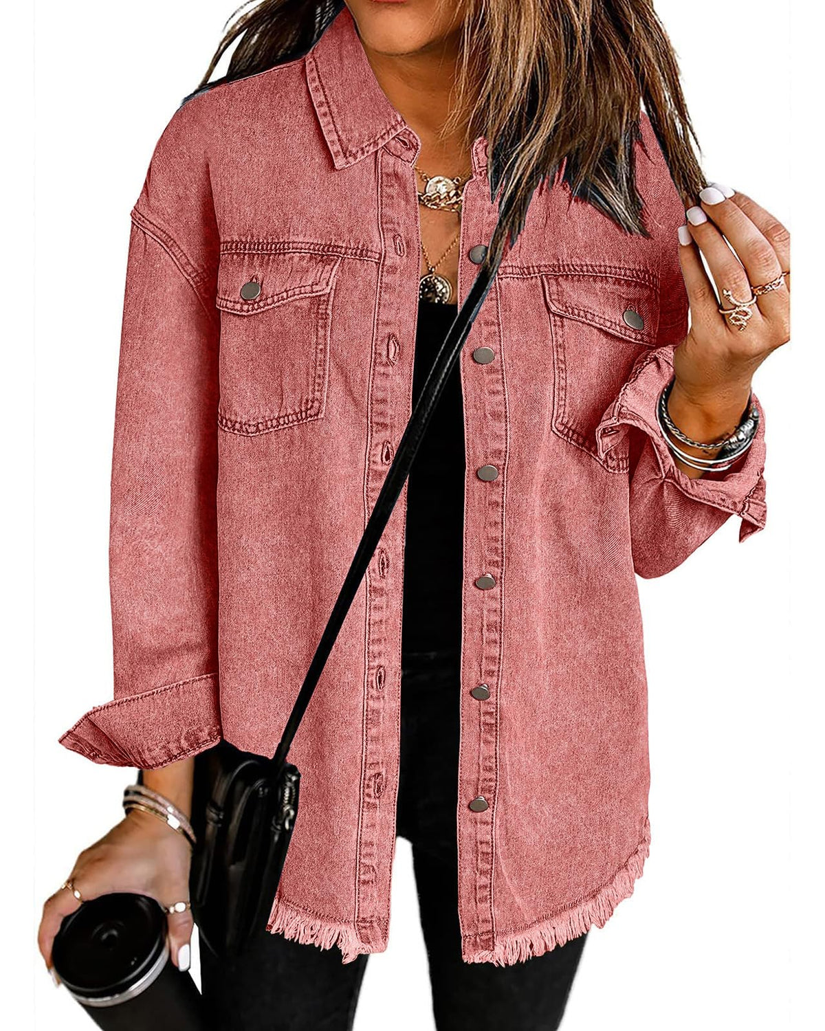 Vetinee Women's Western Clothes For Women Oversized Boyfriend Burnt Ochre Front Button Up Frayed Raw Hem Long Sleeve Pockets Denim Jean