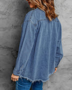 Vetinee Women's Oversized Boyfriend Medium Blue Front Button Up Frayed Raw Hem Long Sleeve Pockets Denim Jean Jacket Shacket X-large Size