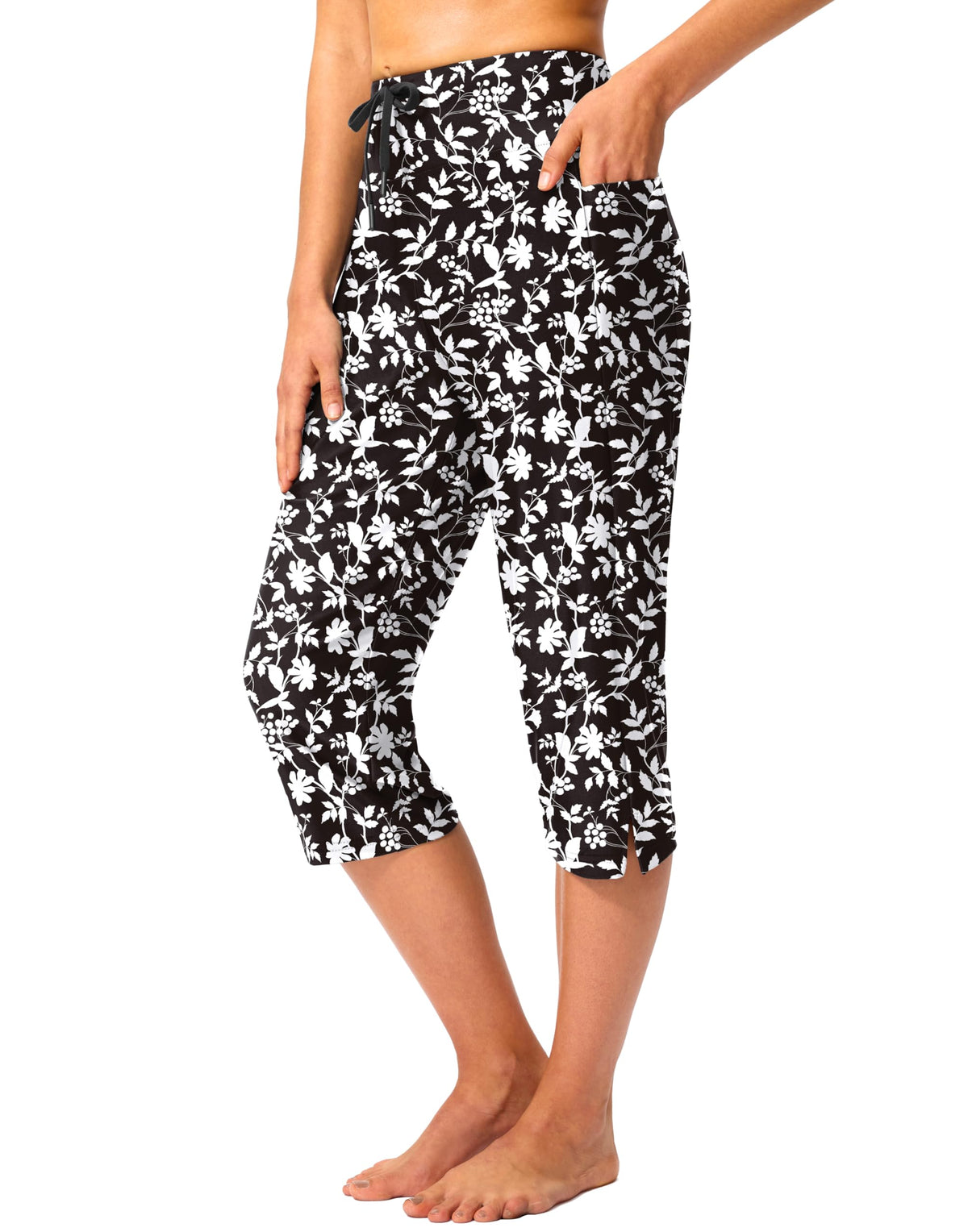 Viodia 18'' Women's Swim Capris Pants with Pockets Black Base Flower 3XL