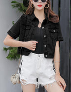 Omoone Women's Summer Short Sleeve Crop Denim Trucker Jacket Jean Coat Tops(black-m)