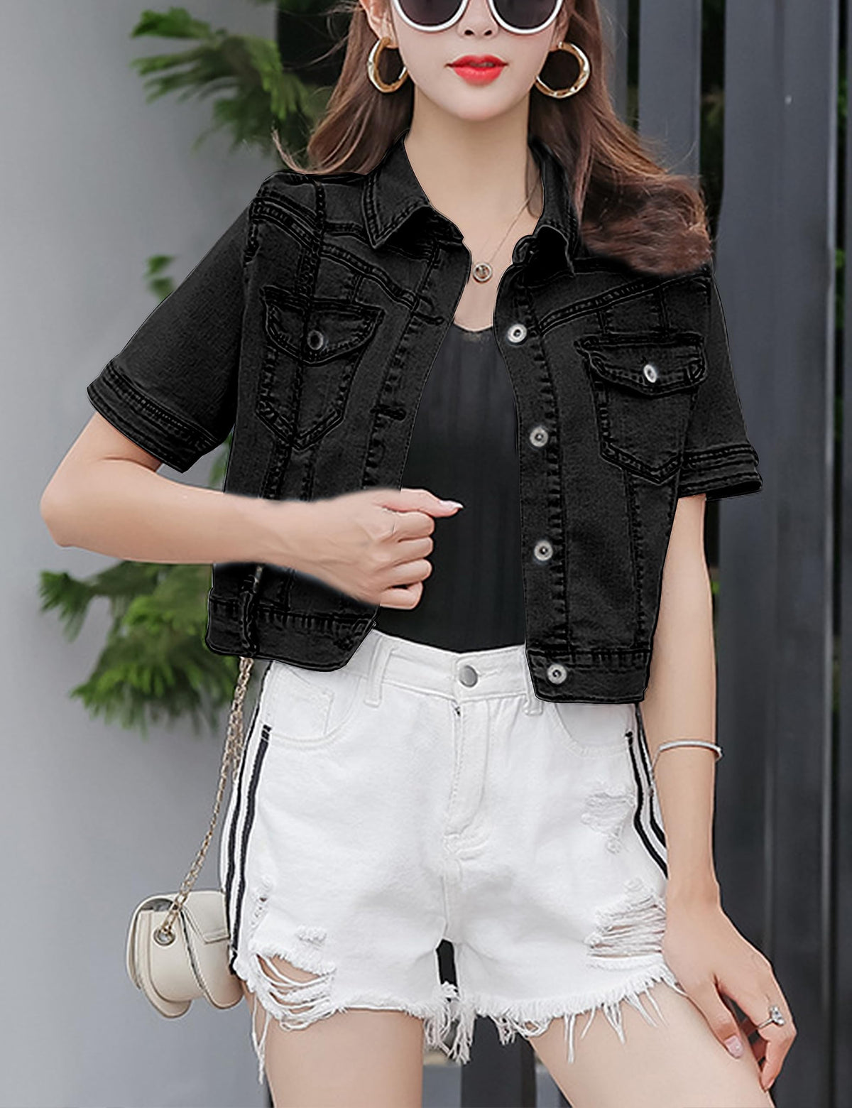 Omoone Women's Summer Short Sleeve Crop Denim Trucker Jacket Jean Coat Tops(black-m)