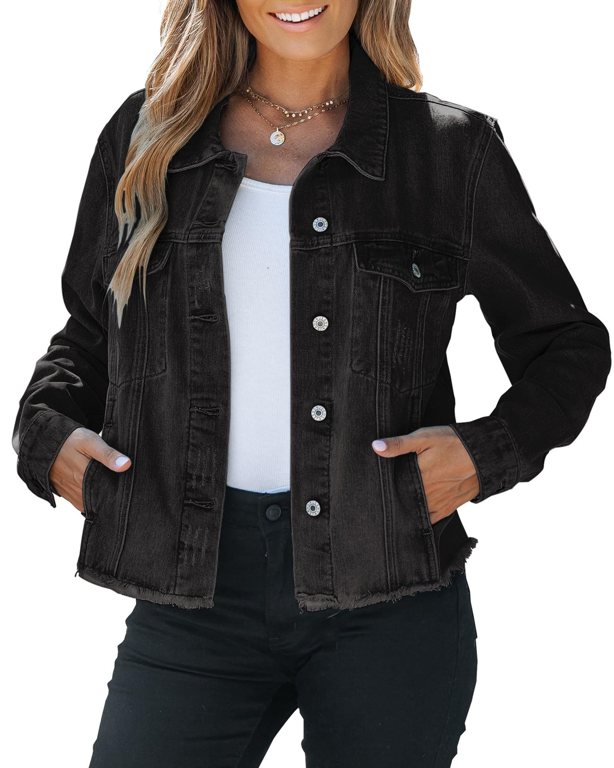 Vetinee Womans Jacket Distressed Denim Light Weight Jackets For Women Casual Graphite Black Xx-large Fits Size 20 / 22