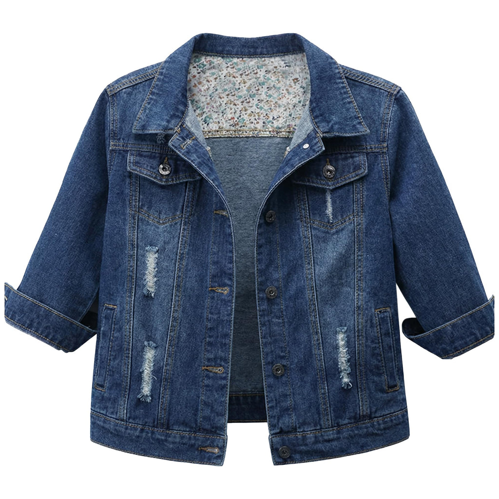 Hixiaohe Spring Summer Jean Jacket For Women Trendy Half Sleeve Button Down Short Denim Retro Cropped Trucker Coat - Dark-blue