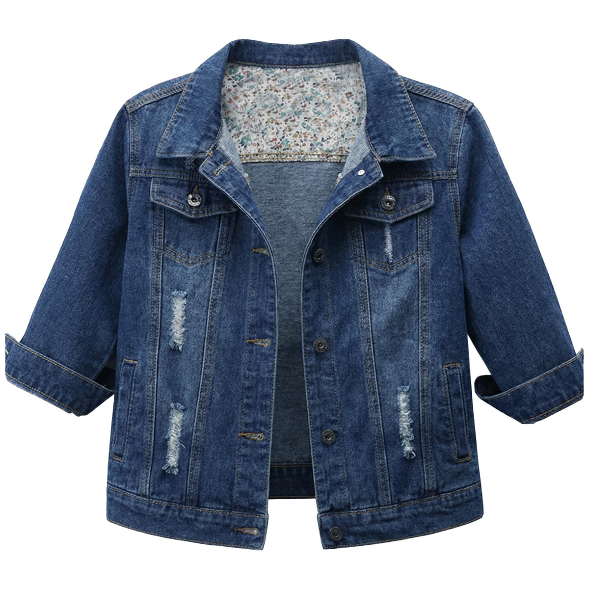 Hixiaohe Spring Summer Jean Jacket For Women Trendy Half Sleeve Button Down Short Denim Retro Cropped Trucker Coat - Dark-blue