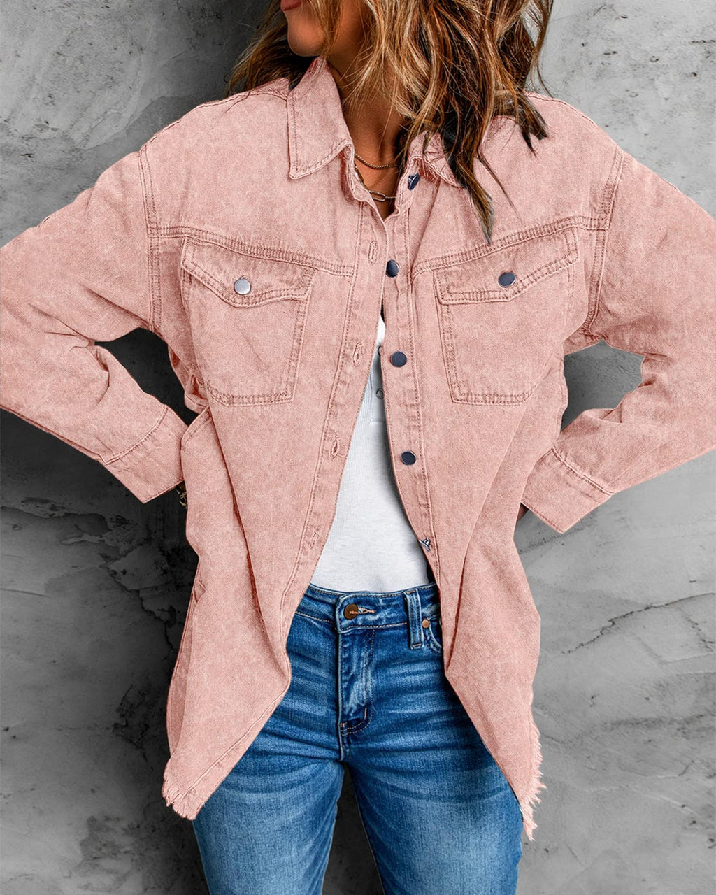 Vetinee Women's Oversized Boyfriend Dusty Pink Front Button Up Jacket Denim