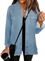Bosmeer Oversized Denim Jackets For Women Button Down Jacket Western Shacket With Pockets Frayed Hem Distressed Shirts Country Outfits -