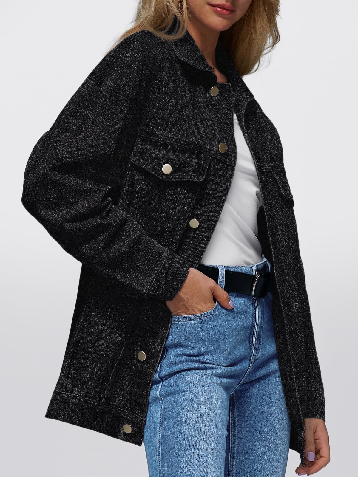 Automet Women's Button Down Oversized Jeans Jacket With Pockets - Black