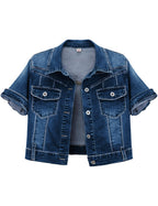 Omoone Women's Summer Short Sleeve Crop Denim Trucker Jacket Jean Coat Tops(denimblue-xl) - Blue