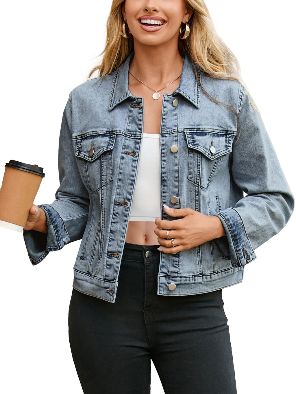 Glamaker Jean Jacket Women 2026 Long Sleeve Vintage Western Button Down Shacket Country Concert Outfits With Pockets (wash Blue XL)