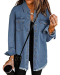 Vetinee Women's Oversized Boyfriend Medium Blue Front Button Up Frayed Raw Hem Long Sleeve Pockets Denim Jean Jacket Shacket X-large Size