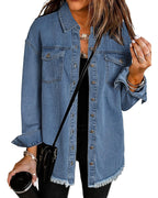 Vetinee Women's Oversized Boyfriend Medium Blue Front Button Up Frayed Raw Hem Long Sleeve Pockets Denim Jean Jacket Shacket X-large Size