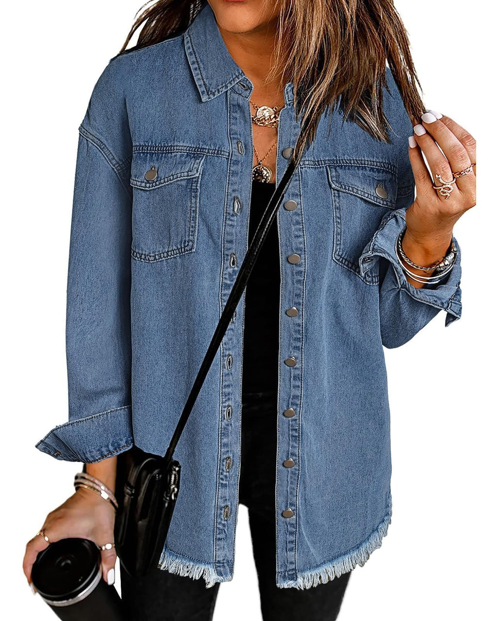 Vetinee Women's Oversized Boyfriend Medium Blue Front Button Up Frayed Raw Hem Long Sleeve Pockets Denim Jean Jacket Shacket Xx-large Size