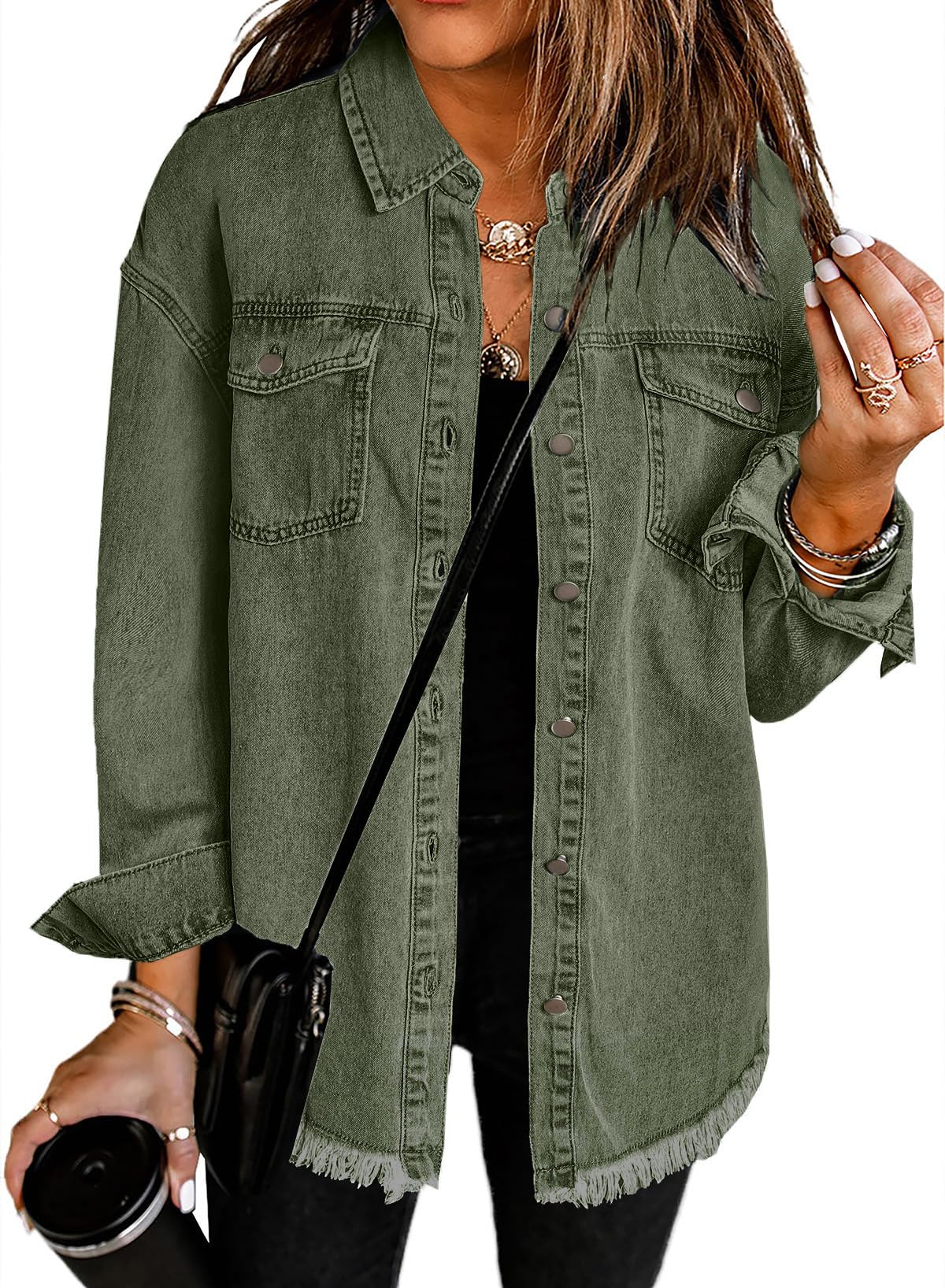 Dokotoo Denim Jacket For Women Oversized Jean With Pocket Green L - B5