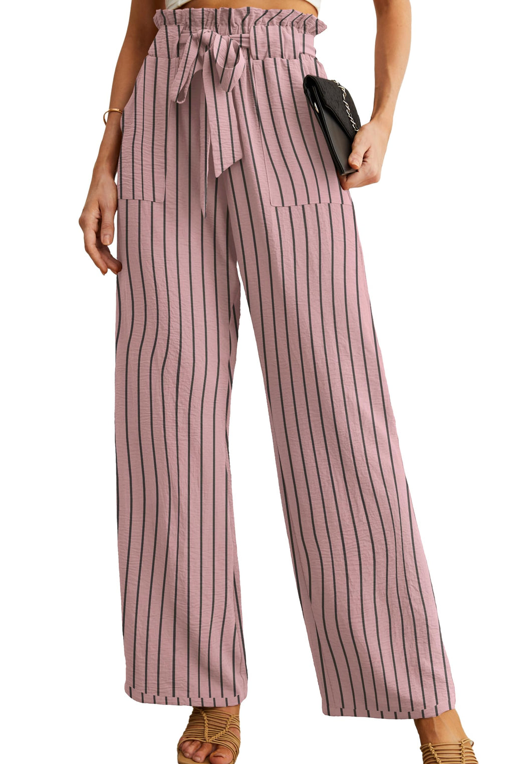 Iwollence Women Flowy Palazzo Pants Adjustable Knot - 11 Gray Pink