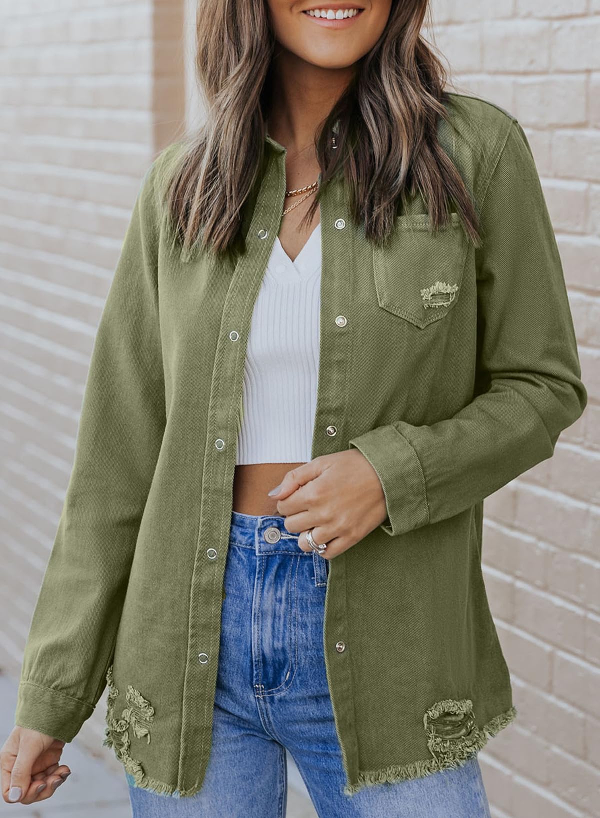 Dokotoo Womens Long Sleeve Button Down Oversized Jean Denim Jacket Green S - A1