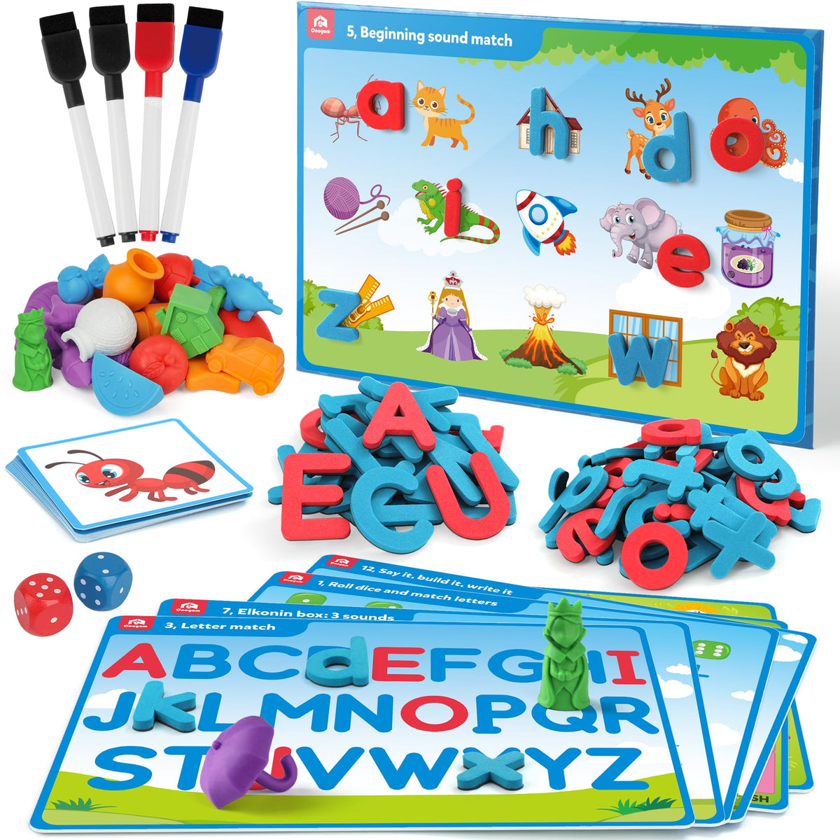 Coogam Preschool Alphabet Learning Activities, Magnetic EVA Letters Matching & Handwriting Game, Educational ABC Recognition with 6 Pattern Cards, Phonic Manipulatives Toys for Kids Age 3+