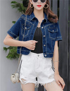 Omoone Women's Summer Short Sleeve Crop Denim Trucker Jacket Jean Coat Tops(denimblue-s) - Blue