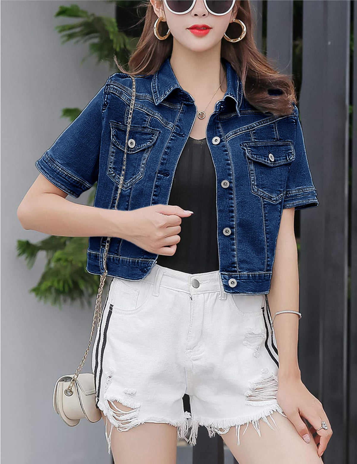 Omoone Women's Summer Short Sleeve Crop Denim Trucker Jacket Jean Coat Tops(denimblue-xl) - Blue