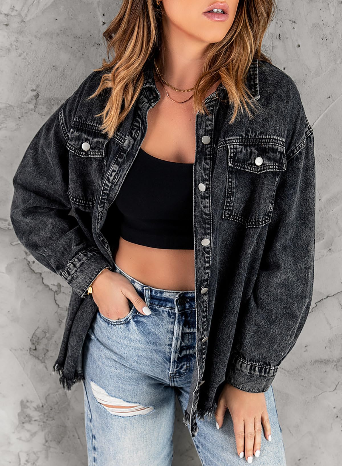 Dokotoo Country Concert Outfits For Women Jean Jacket With Pocket Black 3xl - B1