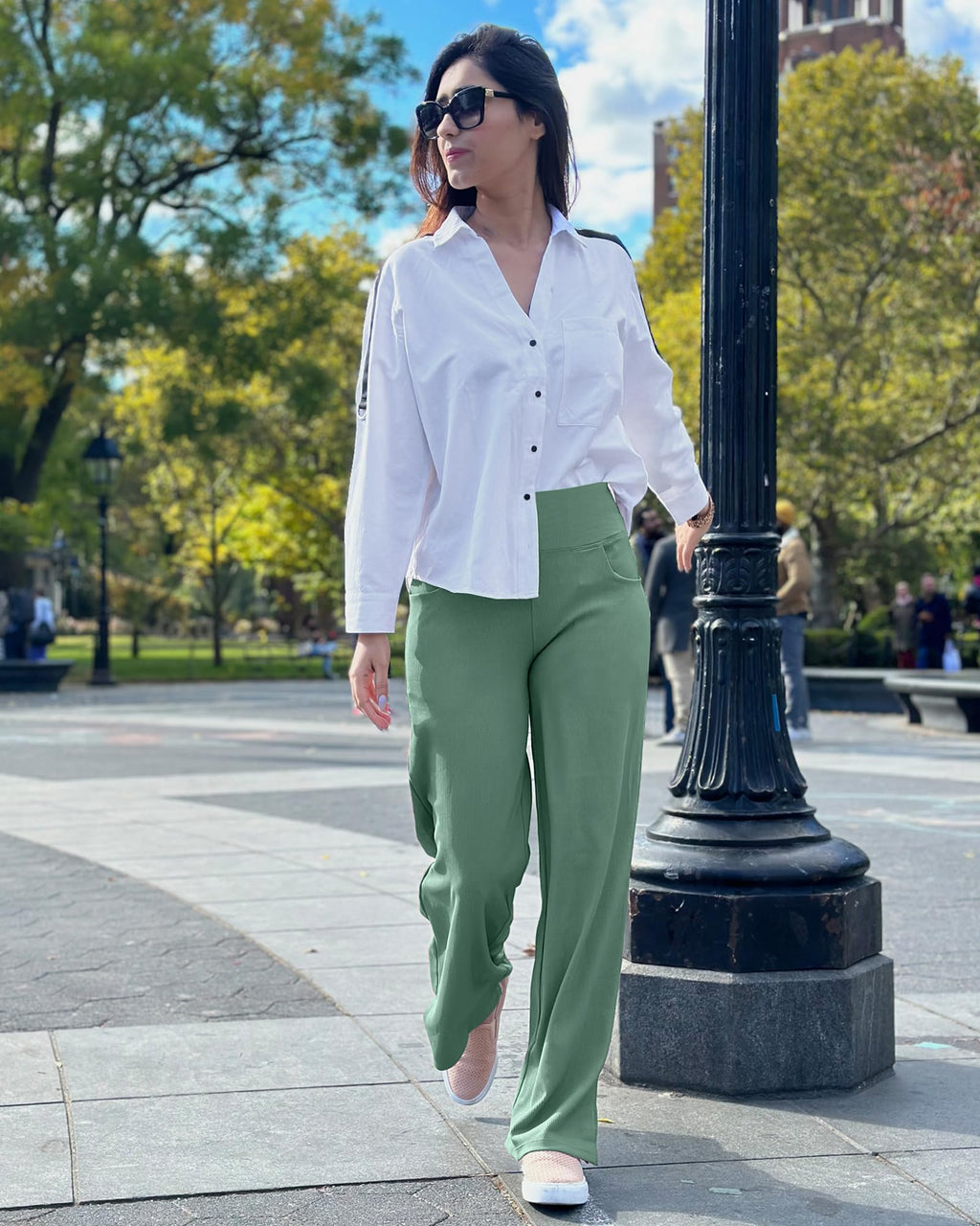 Promover Wide-Leg Pants For Women With Pockets Soft Sage Green L