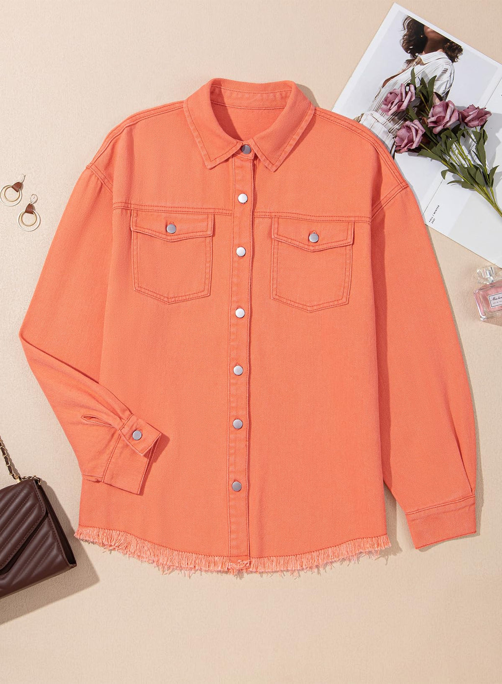 Dokotoo Western Outfits For Women Oversize Jean Jacket With Pocket Orange S - A