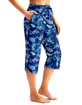 Viodia Women's 18" Plus-Size Modest Swim Capris Pants Deep Blue Leaf