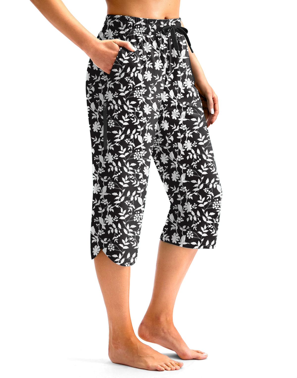 Viodia Women's 18" Modest Swim Capris Pants With Pockets Black Flower