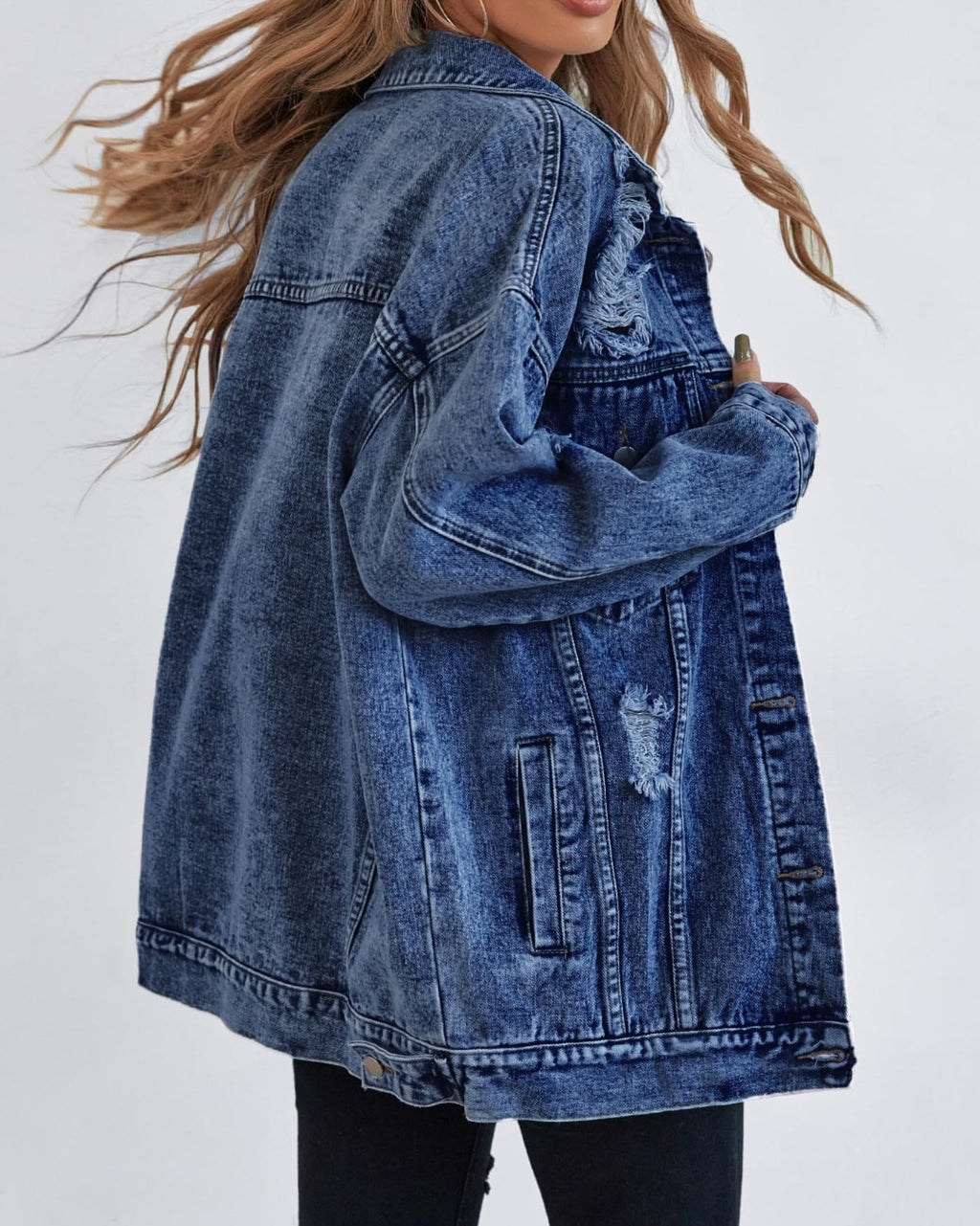 Lifeshe Women's Long Oversized Denim Jacket Boyfriend Ripped Distressed Jean Jackets Coat - Deep Blue