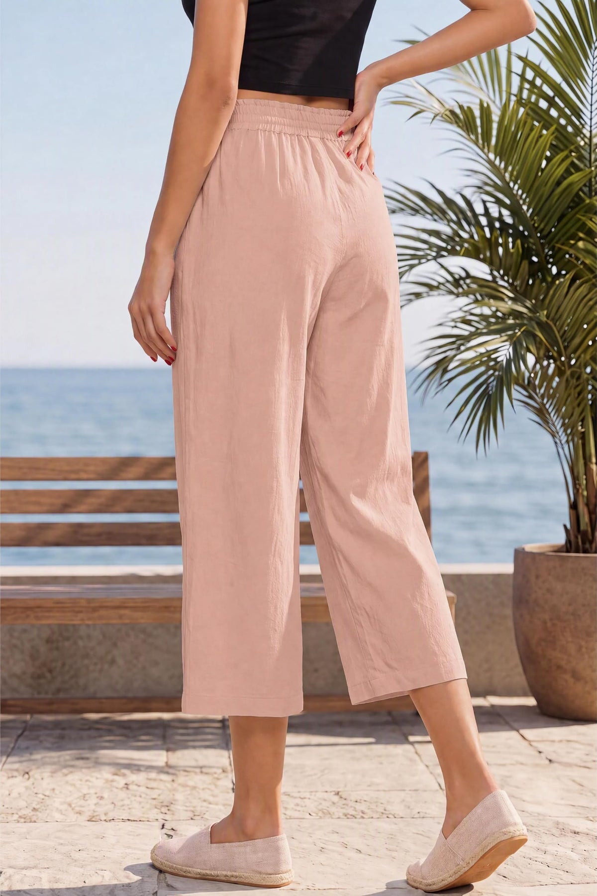 Lnx Women's Linen Capri Pants Wide-Leg High-Waisted Drawstring Casual