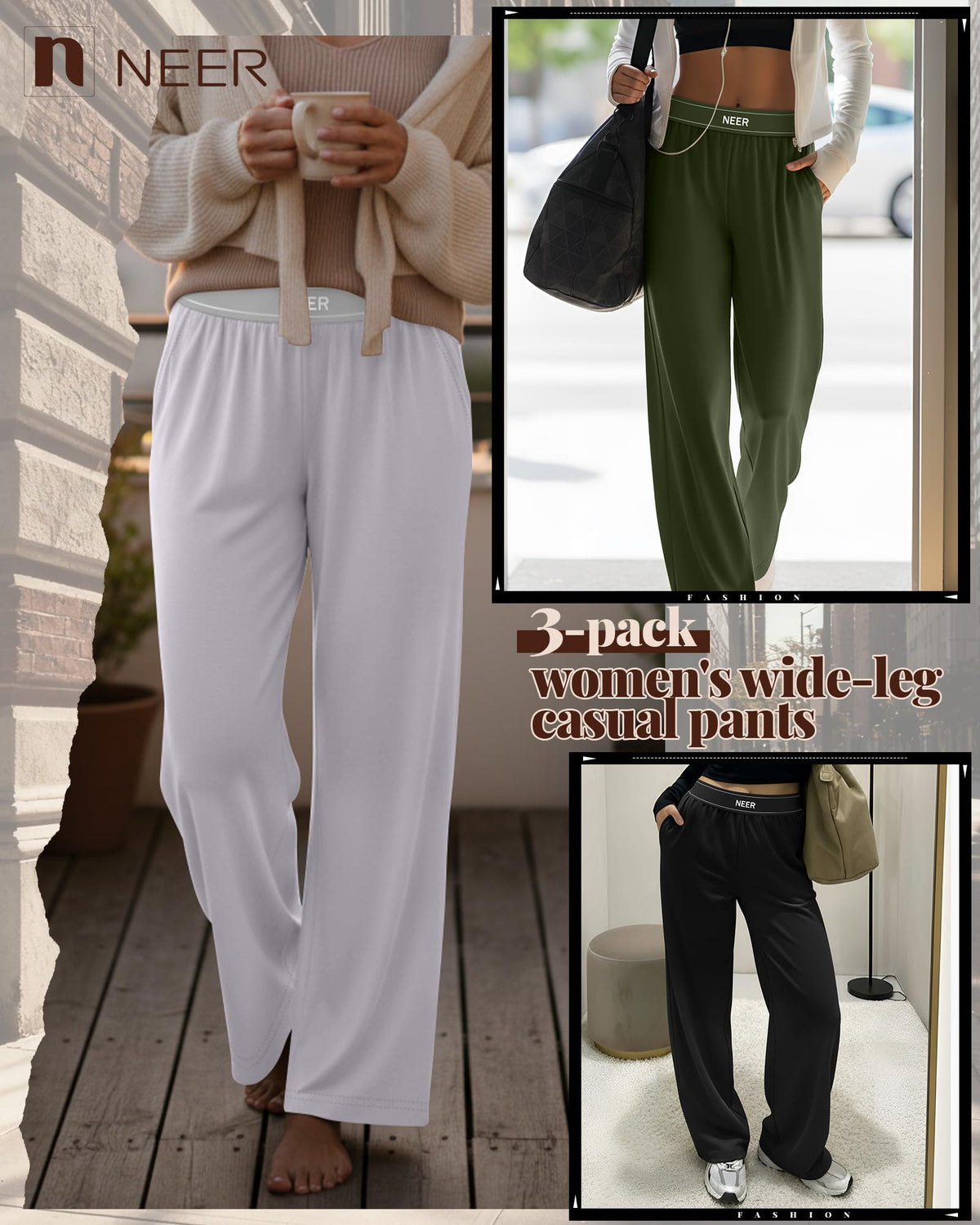 Neer 3 Pack Women's Cotton Lounge High-Waisted Pants 3-color - Size Medium