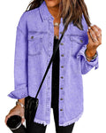 Vetinee Women's Oversized Boyfriend Front Button Up Frayed Raw Hem Jacket Denim - Aster Purple