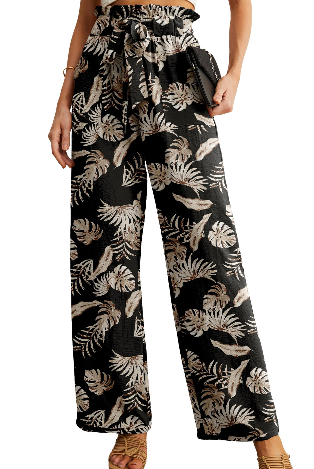 Iwollence Women Plus Size Palazzo Pants - 35 Black Palm Leaf