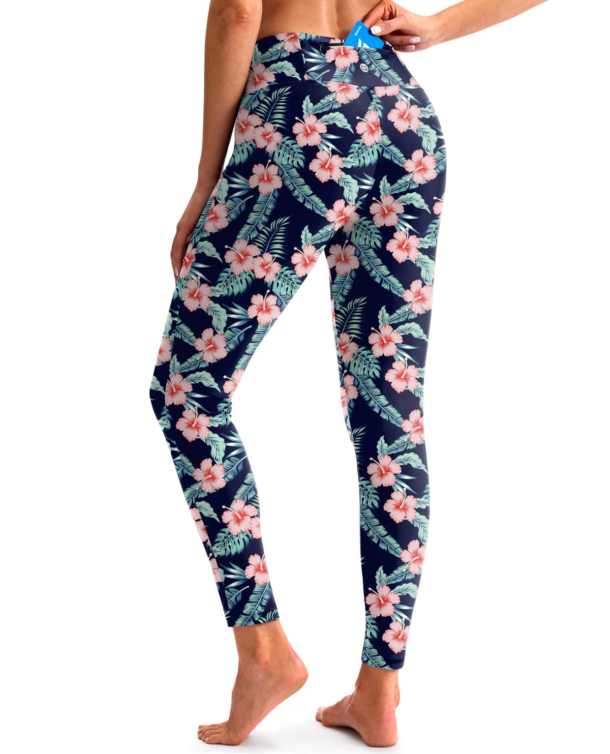 Swim Pants for Women Zipper Pocket UPF 50+ Leggings, Navy Flower, S