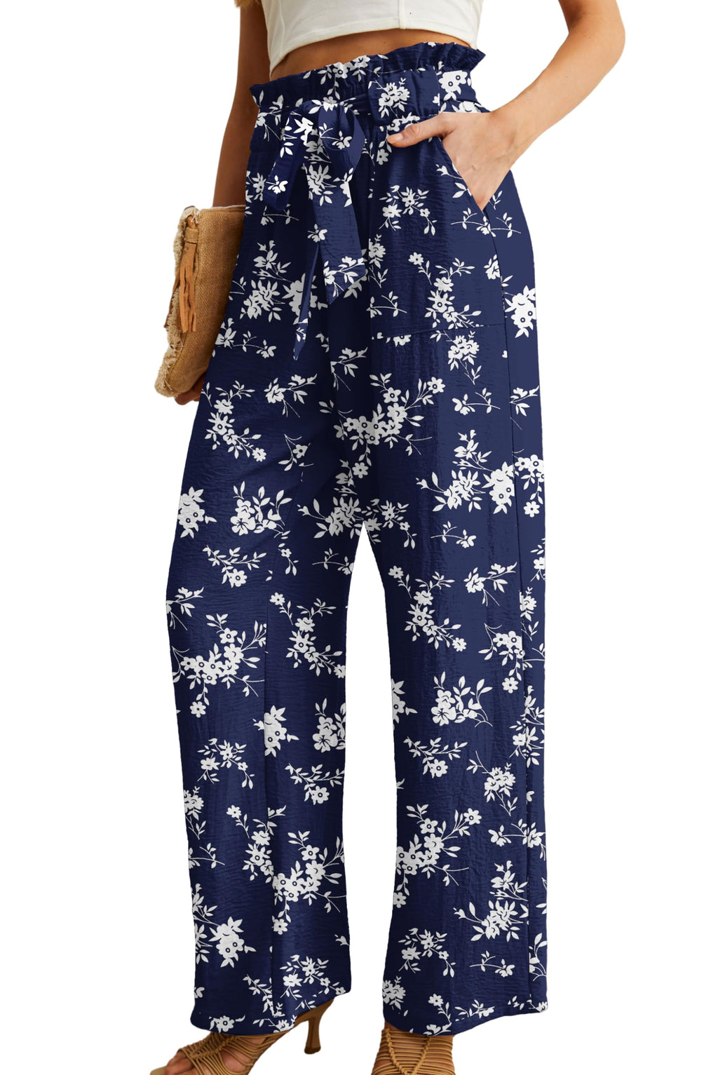 Iwollence Adjustable Knot High-Waist Wide-Leg Palazzo - 28 Navy Flower