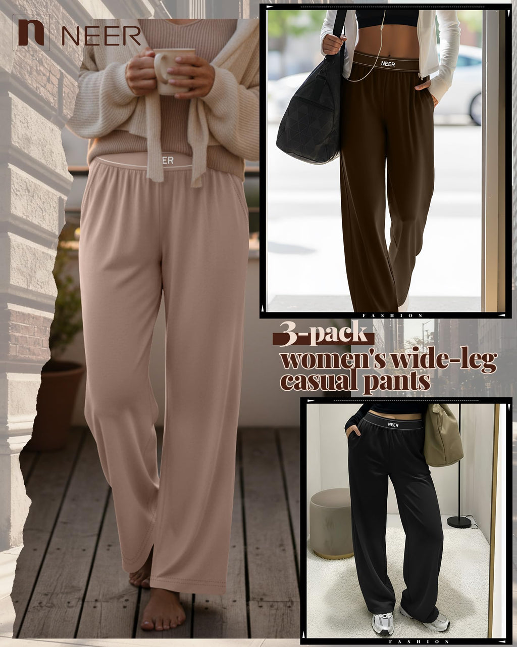 Neer 3 Pack Women's Cotton Lounge High-Waisted Pants - Black, Brown,