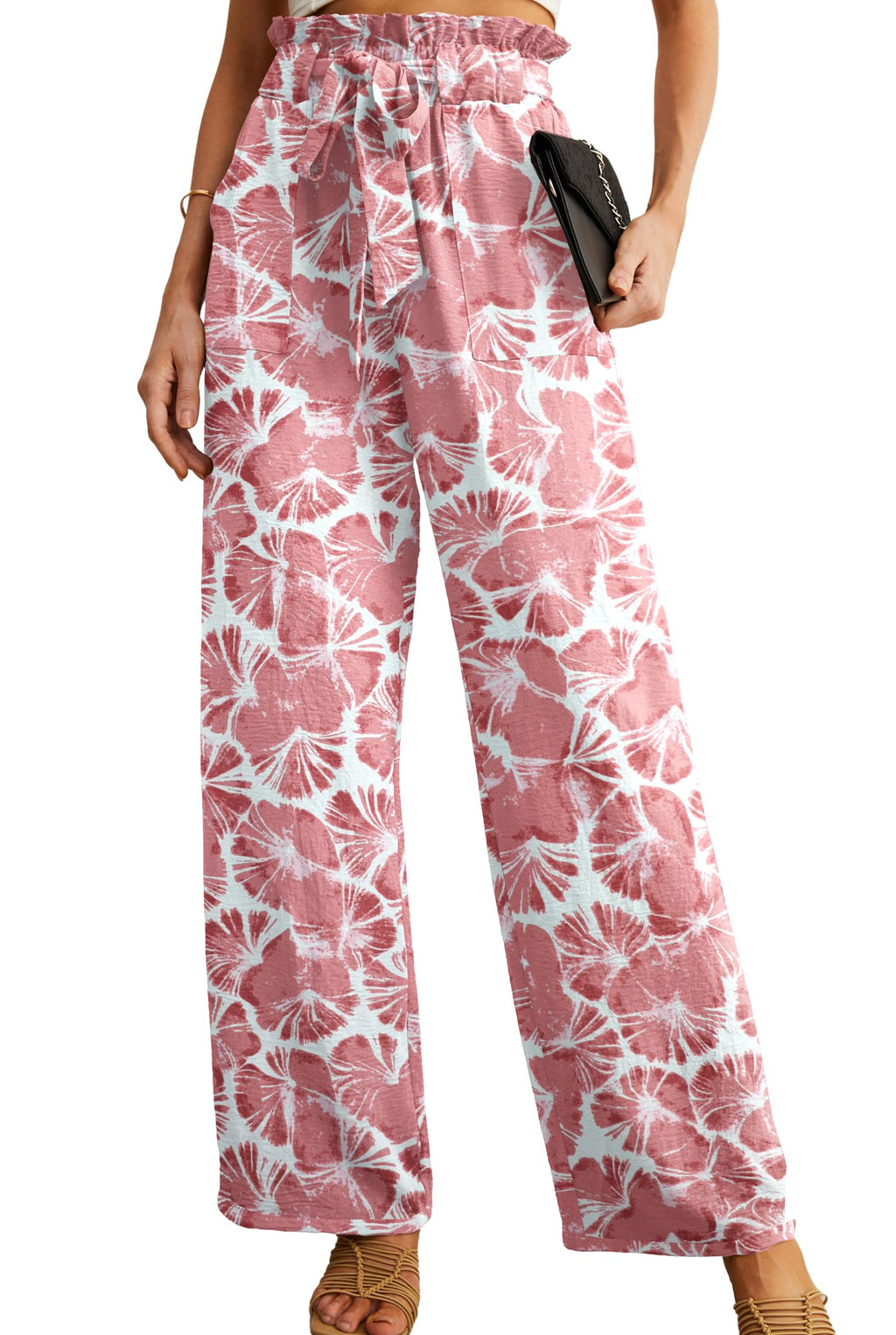 Iwollence Women Casual Palazzo Pants High-Waist Adjustable Knot Flowy