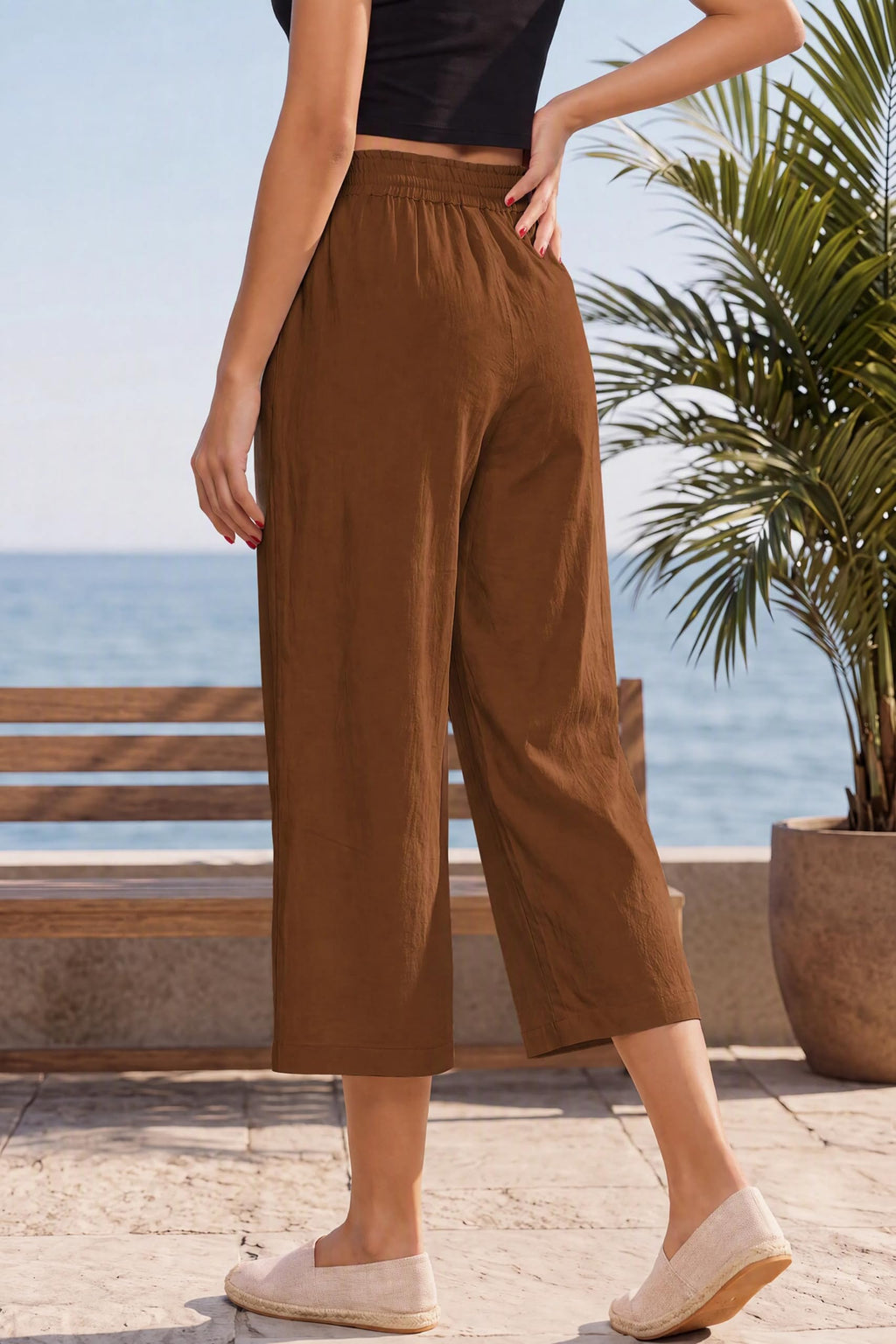 Lnx Women's Linen Pants Wide-Leg High-Waisted Capri With - Caramel