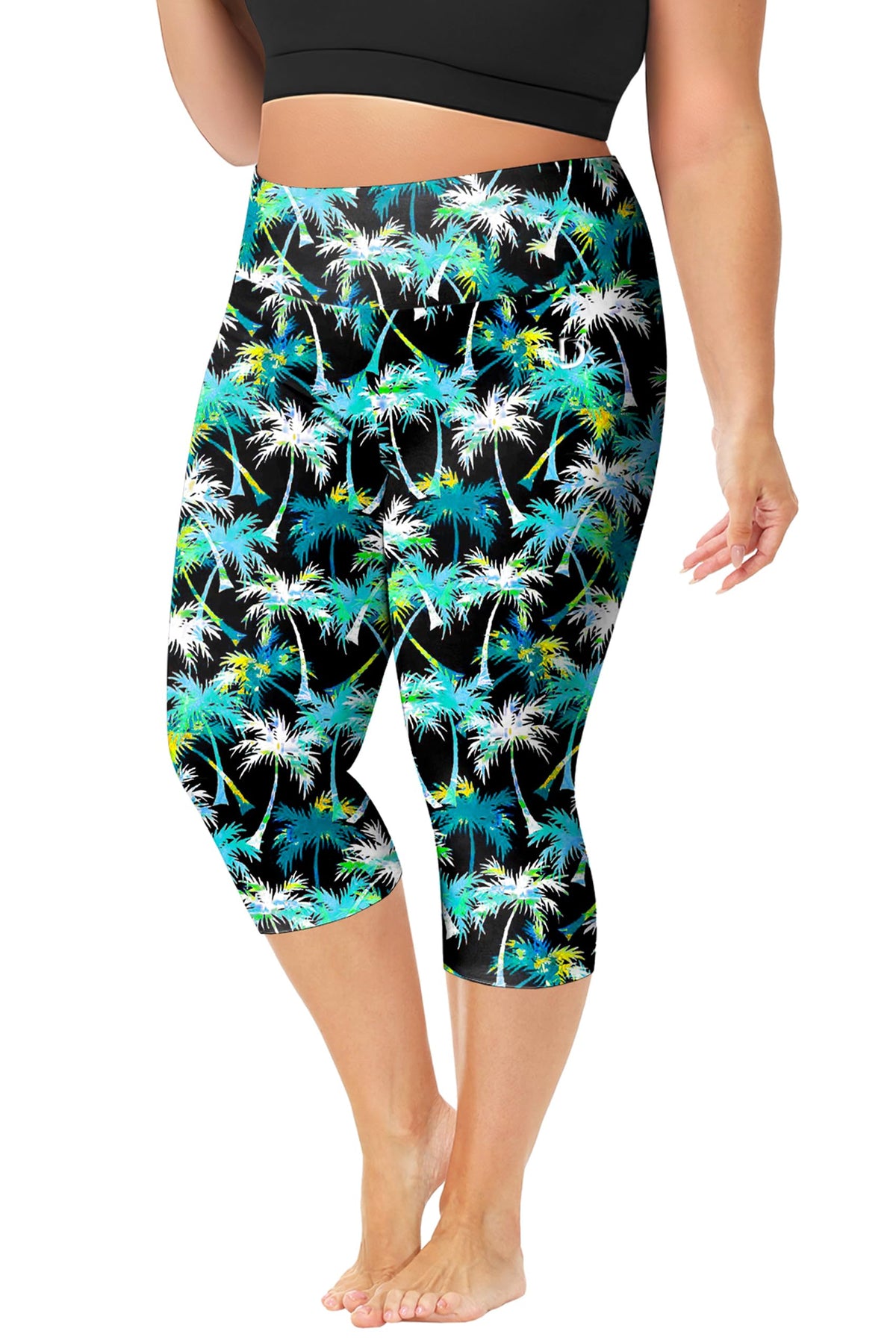 UPF 50+ Swim Capris Women High Waisted Quick Dry Surfing Leggings Plus Size Blue Palm Tree Workout Pants 1X