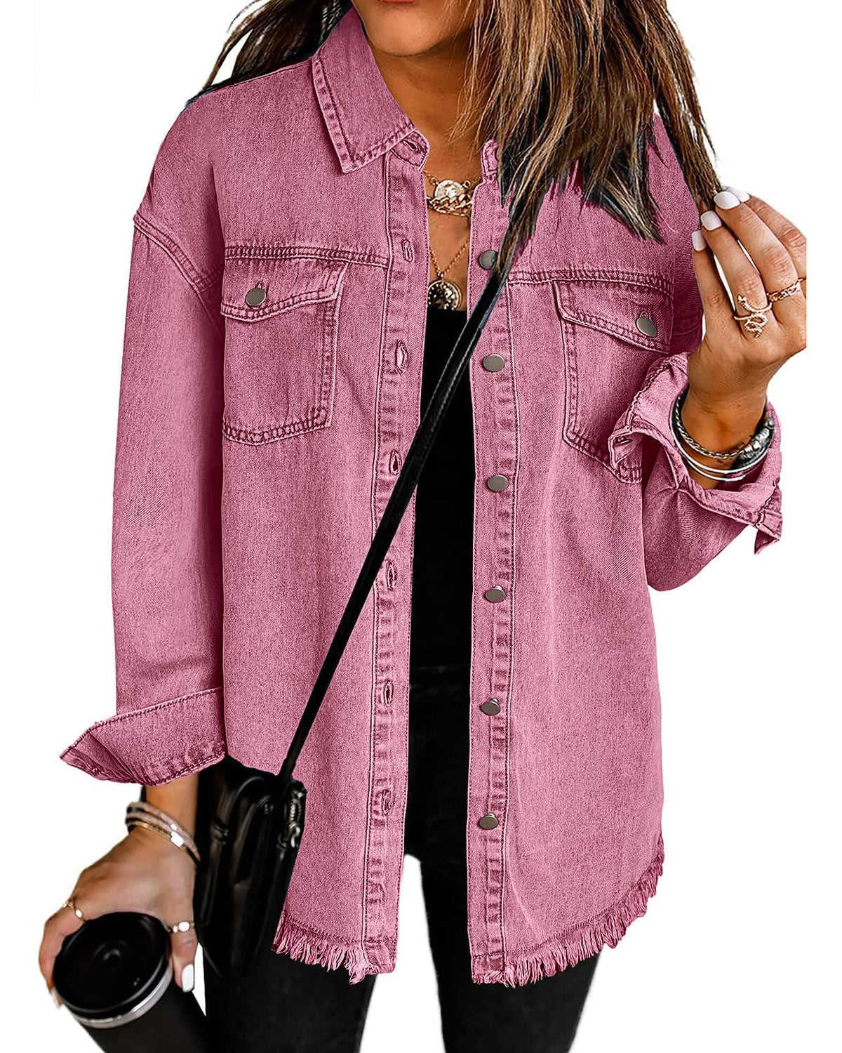Vetinee Oversized Jean Jacket For Women Lilac Rose Front Button Up Frayed Raw Hem Long Sleeve Pockets Denim Shacket Large Size 12 14
