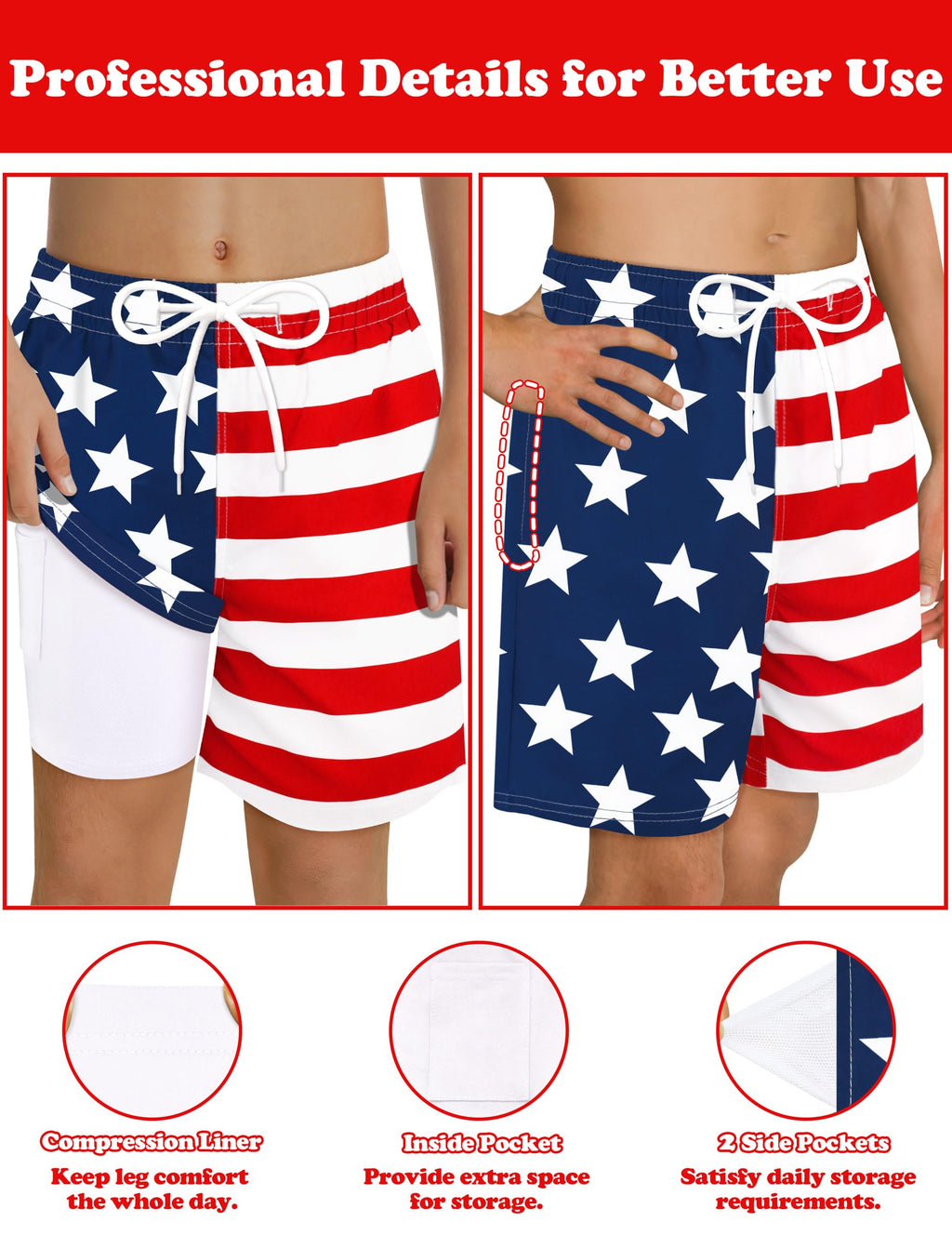 Sarfel American Flag Shorts Boys 4th of July Swim Trunks Boys Patriotic Swim Trunks American Flag Bathing Suit Boys' Swimwear