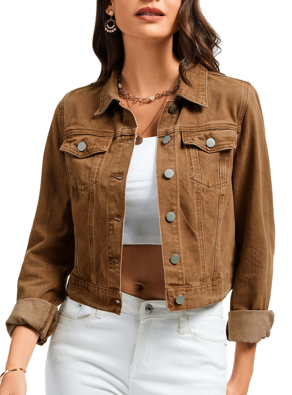 Andy & Natalie Jean Jacket Women Trendy Denim Long Sleeve Basic Button Down Cropped Shackets Light Brown X-small