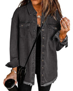 Vetinee Women's Oversized Button Up Frayed Hem Shacket Long Sleeve Pockets Denim Jacket - Smoky Gray
