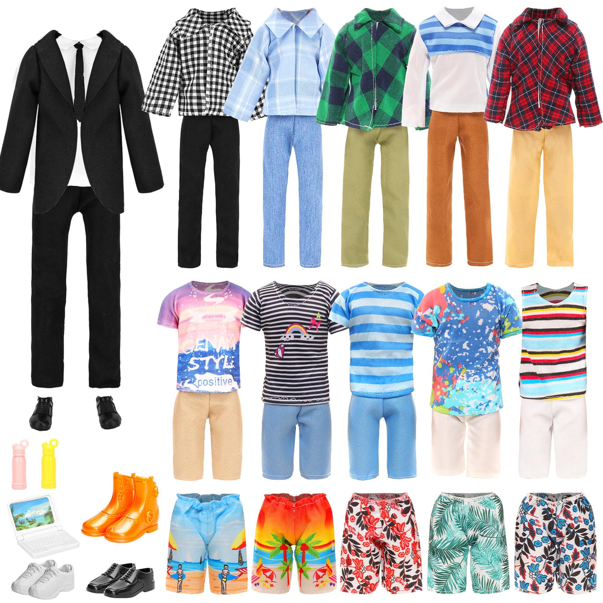 Miunana Lot 16 Items Doll Clothes & Accessories Classic Black Suit for Boy Doll Include Random 4 PCS Casual Wear + 5 PCS Dolls Pants + 3 Pairs of Shoes Laptop Water Bottles