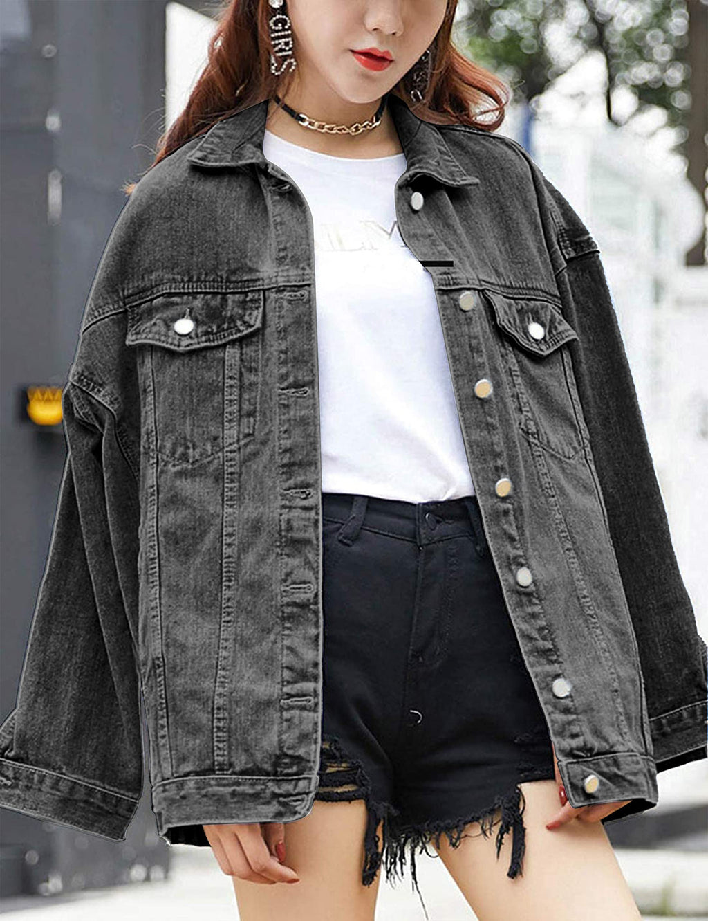 Omoone Women's Oversized Mid Long Denim Jacket Jean Biker Coat(0199-grey-m)