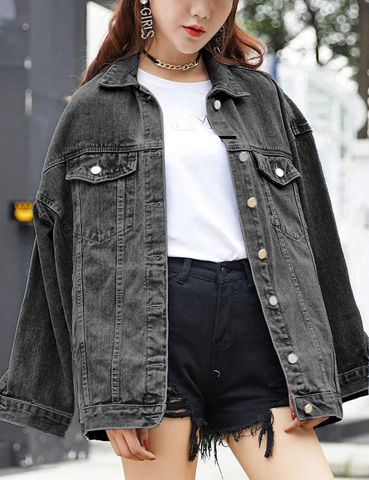 Omoone Women's Oversized Mid Long Denim Jacket Jean Biker Coat(0199-grey-xl)