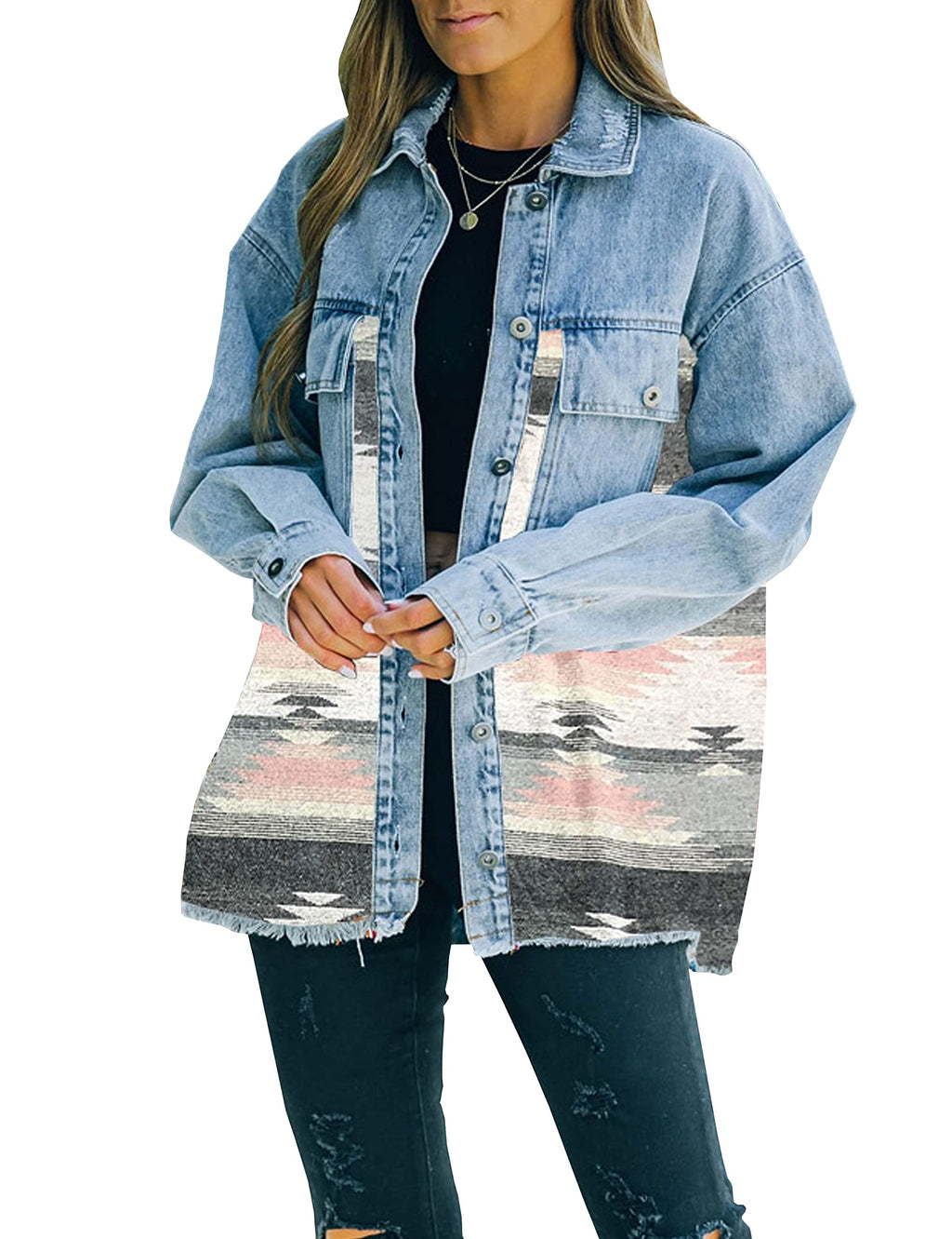 Women's Lumister Aztec Denim Jacket Distressed Lapel Long Sleeve Vintage Button Down Shacket(0007-pink-s)