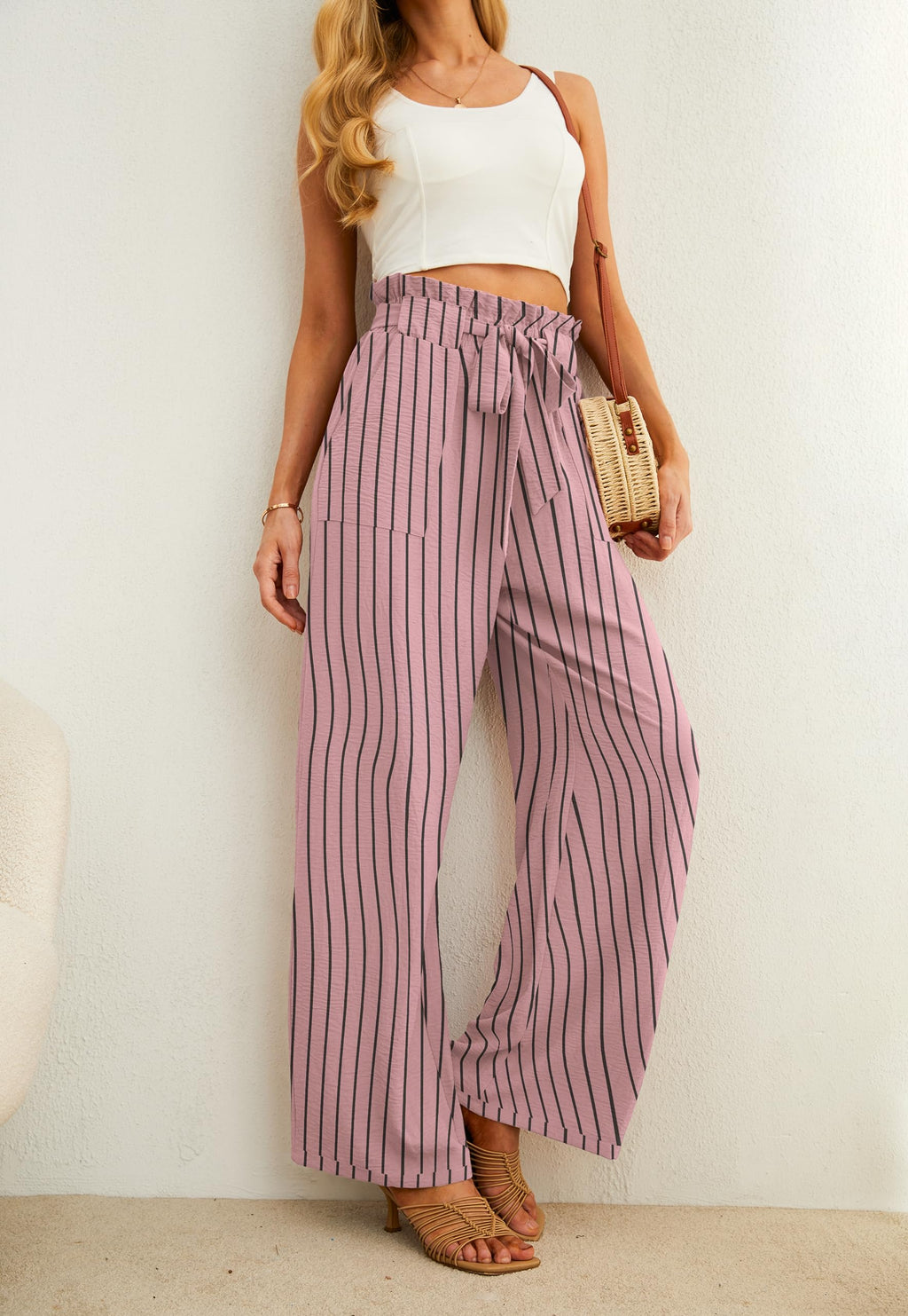Iwollence Women Flowy Palazzo Pants Adjustable Knot - 11 Gray Pink